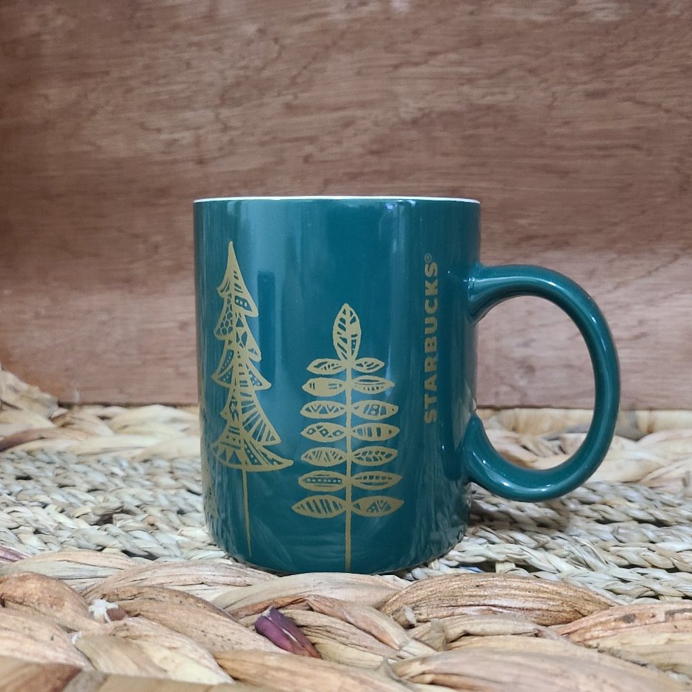 Starbucks Teal Mug with Gold Tree Design